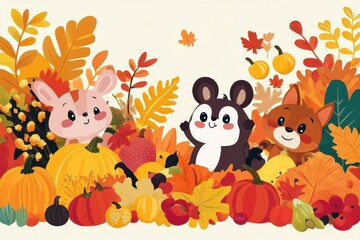 Fototapeta premium Autumn Animals Amongst Pumpkins and Fall Leaves