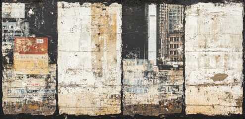 Torn and aged posters with textures, backgrounds in grunge style, creased, crumpled paper, vintage collage placards, and backdrop