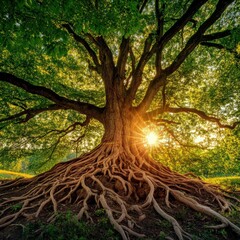 Fototapeta premium Majestic tree with sprawling roots illuminated by the golden sunrise, creating a serene natural scene.
