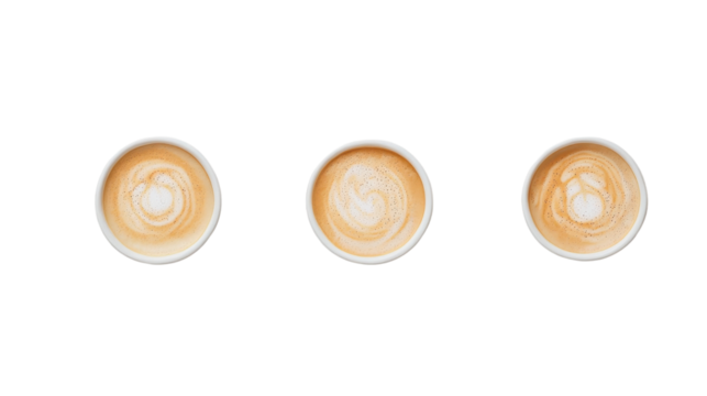 Three perfectly crafted cups of coffee showcasing beautiful latte art in a minimalist setting