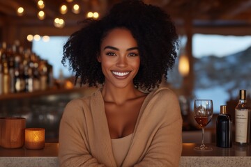 Smiling african female adult bartender in cozy bar with wine and candles