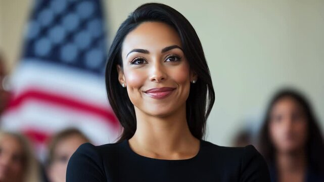 Femme qui sourit un peu g&ecirc;n&eacute;e avec derri&egrave;re elle le drapeau des &Eacute;tats-Unis.