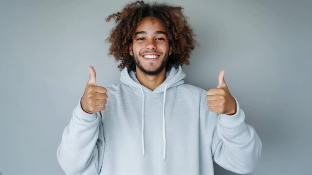 Jeune homme souriant avec les pouces lev&eacute;s sur fond clair.