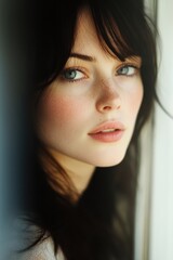 Fototapeta premium Portrait of a young woman with blue eyes and dark hair, gazing thoughtfully.