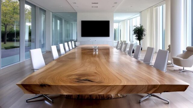 Salle de r&eacute;union professionnelle avec grande table en bois, chaises banches et &eacute;cran de visio-conf&eacute;rence. 