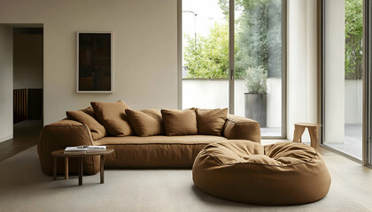 Fototapeta premium A modern living room features a tan couch and brown bean bag, perfectly arranged to create a harmonious and relaxing space -