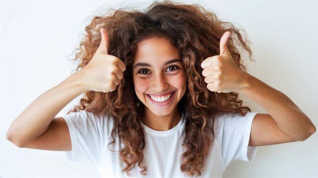 Une jeune fille souriante avec les pouces lev&eacute;s sur fond blanc.