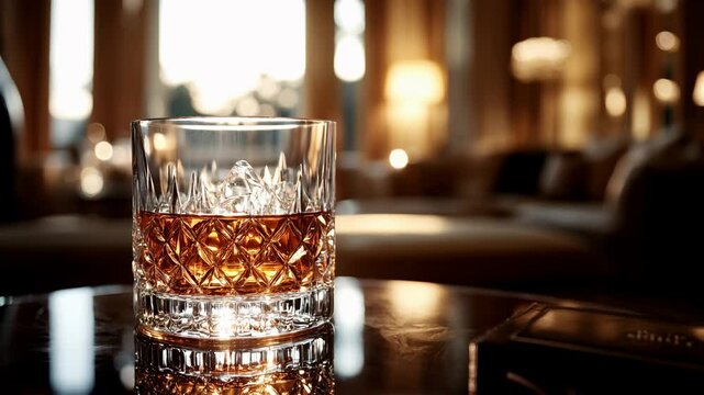 Verre d'alcool fort dans un salon &eacute;l&eacute;gant et luxueux, whishy ou rhum.