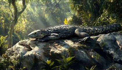 A monitor lizard basking under the sun on a rocky surface surrounded by natural vegetation, embodying raw wilderness  -