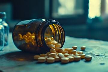Pills spilling out of a bottle on a rustic table.
