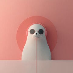 Obraz premium Minimalistic art of a seal wearing sunglasses and headphones in a pink-themed setting.