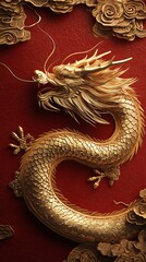 Chinese golden dragon on red background 