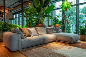 Modern living room design showcasing a cozy sectional sofa surrounded by lush greenery and natural light in an urban setting