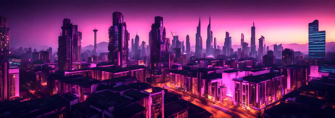 Fototapeta premium A futuristic cityscape with towering skyscrapers and glowing neon lights at sunset, reflecting a cyberpunk aesthetic and modern urban design.