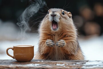The groundhog woke up and yawned next to a cup of coffee. Groundhog Day traditions.
