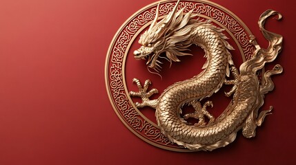 Obraz premium Golden dragon on red background with copy space
