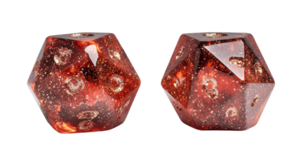 Vibrant polyhedral dice gleaming with cosmic beauty in evening tabletop gaming