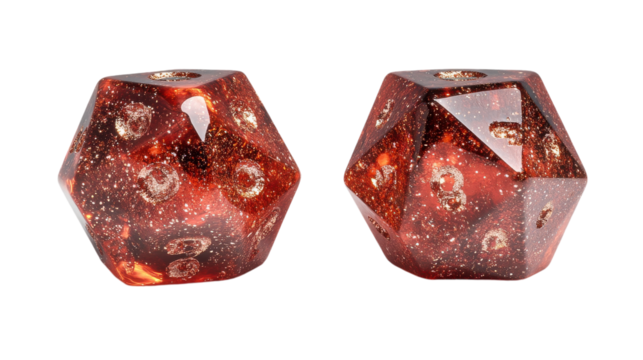 Vibrant polyhedral dice gleaming with cosmic beauty in evening tabletop gaming