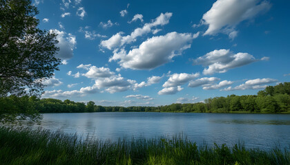 Fototapeta premium A serene blue sky filled with fluffy clouds creates a calming and picturesque natural view -