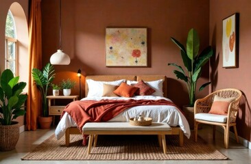home decor inspiration and interior design idea in trendy colors of the year 2025. inviting bohemian bedroom with mocha mousse walls, rattan furniture, colorful textiles and lush indoor plants.