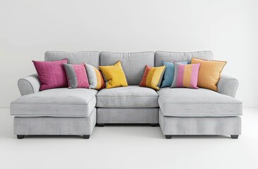 Modern gray sectional sofa adorned with colorful cushions, designed for stylish living space relaxation
