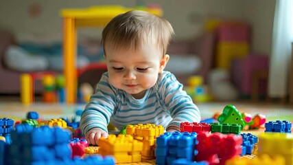 the baby is playing with toys on the floor. Selective focus - Powered by Adobe