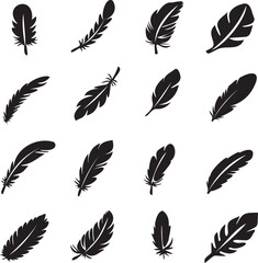 Collection of feather silhouette icons set black and white
