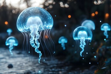 Captivating Glass Inspired Oceanic Textures with Glowing Jellyfish Icons Hovering Dynamically
