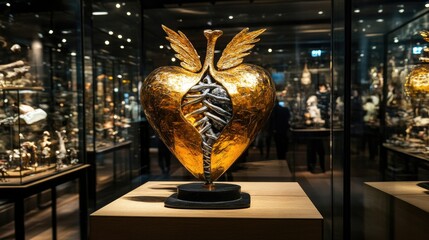 Gold heart exhibit in museum display case.