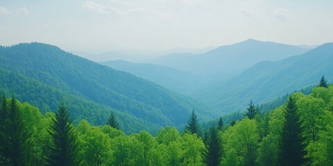 Obraz premium Serene Mountain Vista Green Forest Landscape Breathtaking Nature Scenery
