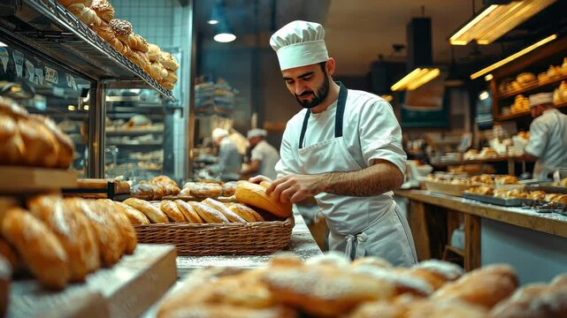 a man is a baker in a bakery. Selective focus