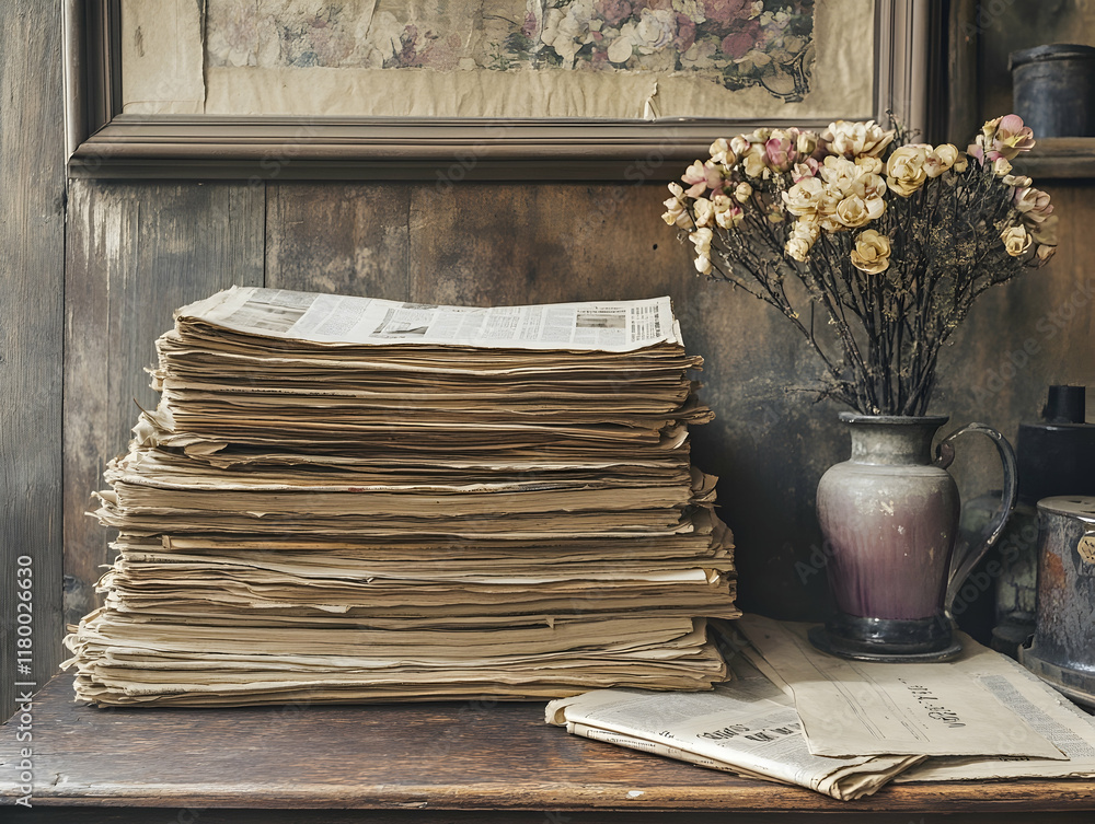 Poster a stack of newspapers arranged neatly on a wooden table adding vintage charm to the scene -