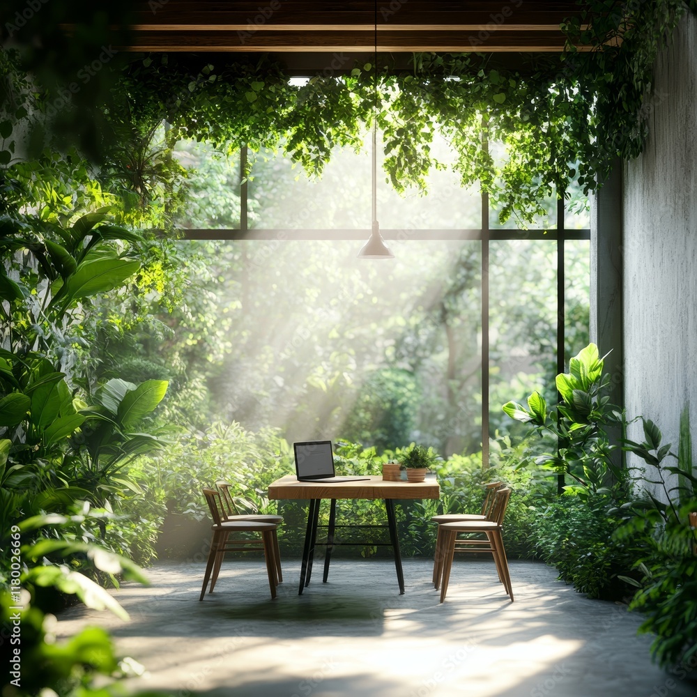 Poster serene indoor workspace surrounded by lush greenery with sunlight filtering through large windows in