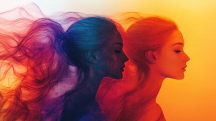 Naklejka premium Image of transparent women of different colors superimposed on each other. Concept of International Women's Day. Transparent female silhouettes.