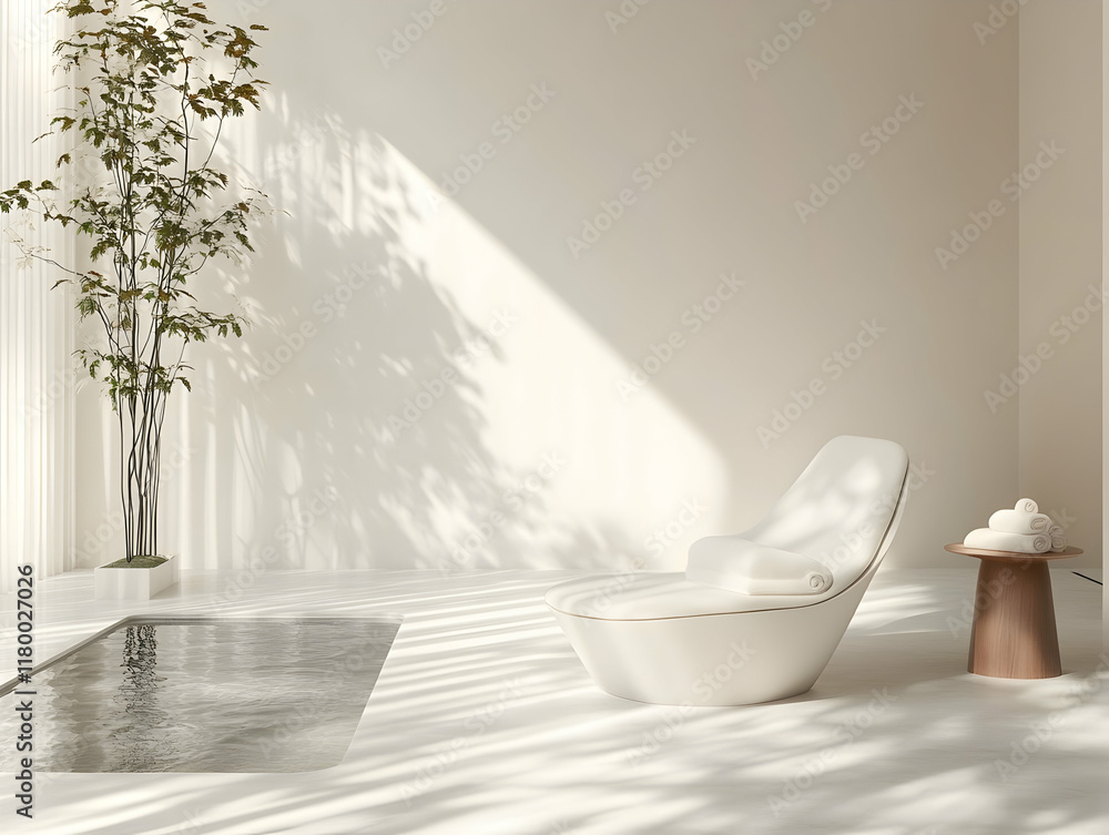 Poster a tranquil spa space with a white chair and table creating a minimalist and relaxing vibe -