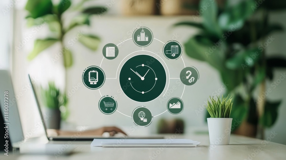 Poster modern office workspace with clock graphic and digital icons representing productivity, time managem