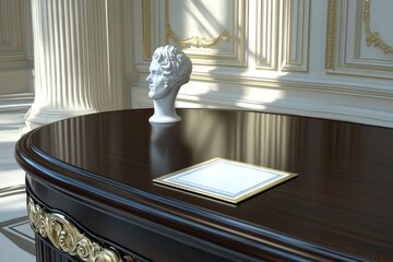 Obraz premium A well-designed artist's room featuring a retro teak commode, mock-up poster frame, a book, decorative elements, and elegant accessories. Template