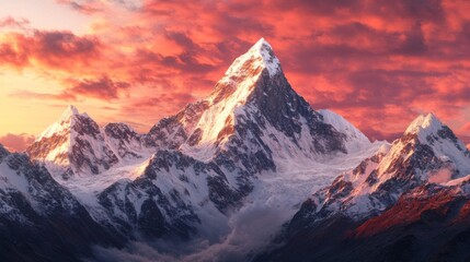 Obraz premium Majestic Snow-Capped Peaks at Fiery Sunset: A Dramatic Mountain Landscape