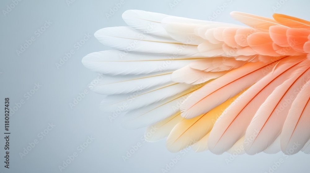 Poster elegant and ethereal composition of soft feathers in a gradient from white to peach, capturing the b
