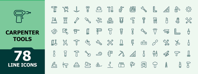 Carpenter Tools icon collection. Containing handyman, house, industry, equipment, construct and more. Minimalist symbol. Editable vector stroke.
