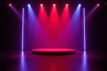 a dimly lit stage with three spotlights and a round table