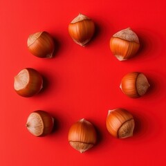 Eight hazelnuts arranged in a circular pattern on a vibrant red background.