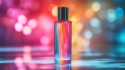 Colorful perfume bottle against a vibrant blurred background