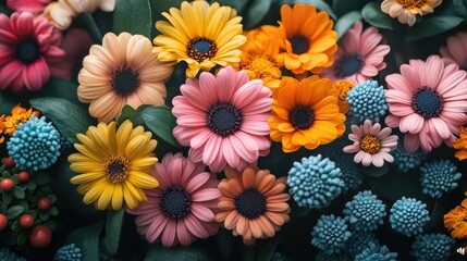 Background with various bright flowers. Field of bright flowers.