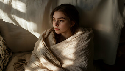 A young woman wrapped in mocha mousse-toned clothing sits serenely, softly lit by natural light that enhances her peaceful demeanor  -