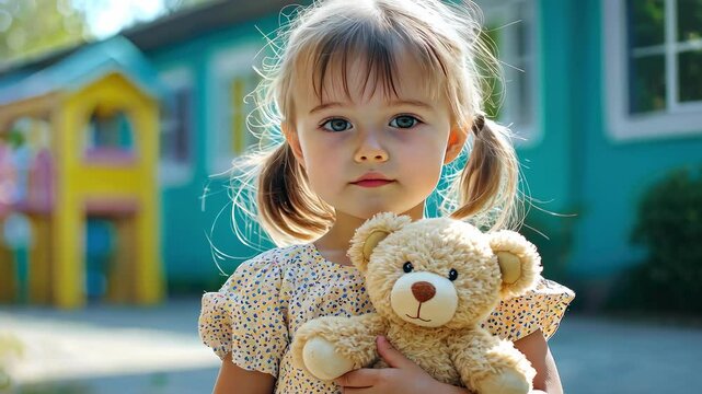 little girl with a teddy bear on the background of the school. Selective focus
