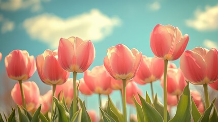 Field of pink tulips against a light blue sky. Close-up of spring tulips.