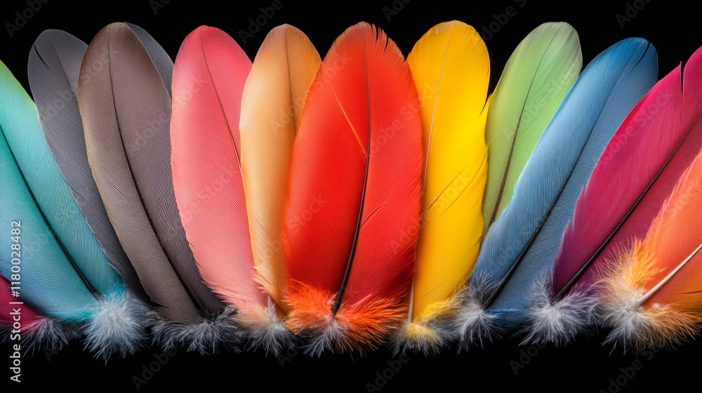Poster Vibrant and Colorful Feather Display Against a Black Background Highlighting Natural Textures and Vivid Hues for Artistic or Decorative Use