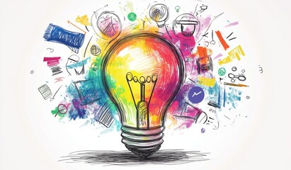 Vibrant Idea Lightbulb: Colorful Sketch Exploding with Creative Energy