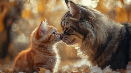 Obraz premium Friendship between cats. Cat and kitten hug peacefully, friendship between animals. Atmosphere of warmth, comfort and love.